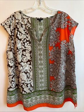Talbots Orange, Green, Brown & Cream Mixed Floral Print Blouse Size 1X